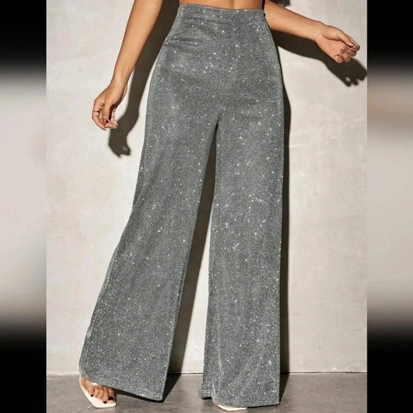 Women Casual High Waist Wide Leg Shiny Knit Long Pants - Picture 6 of 6